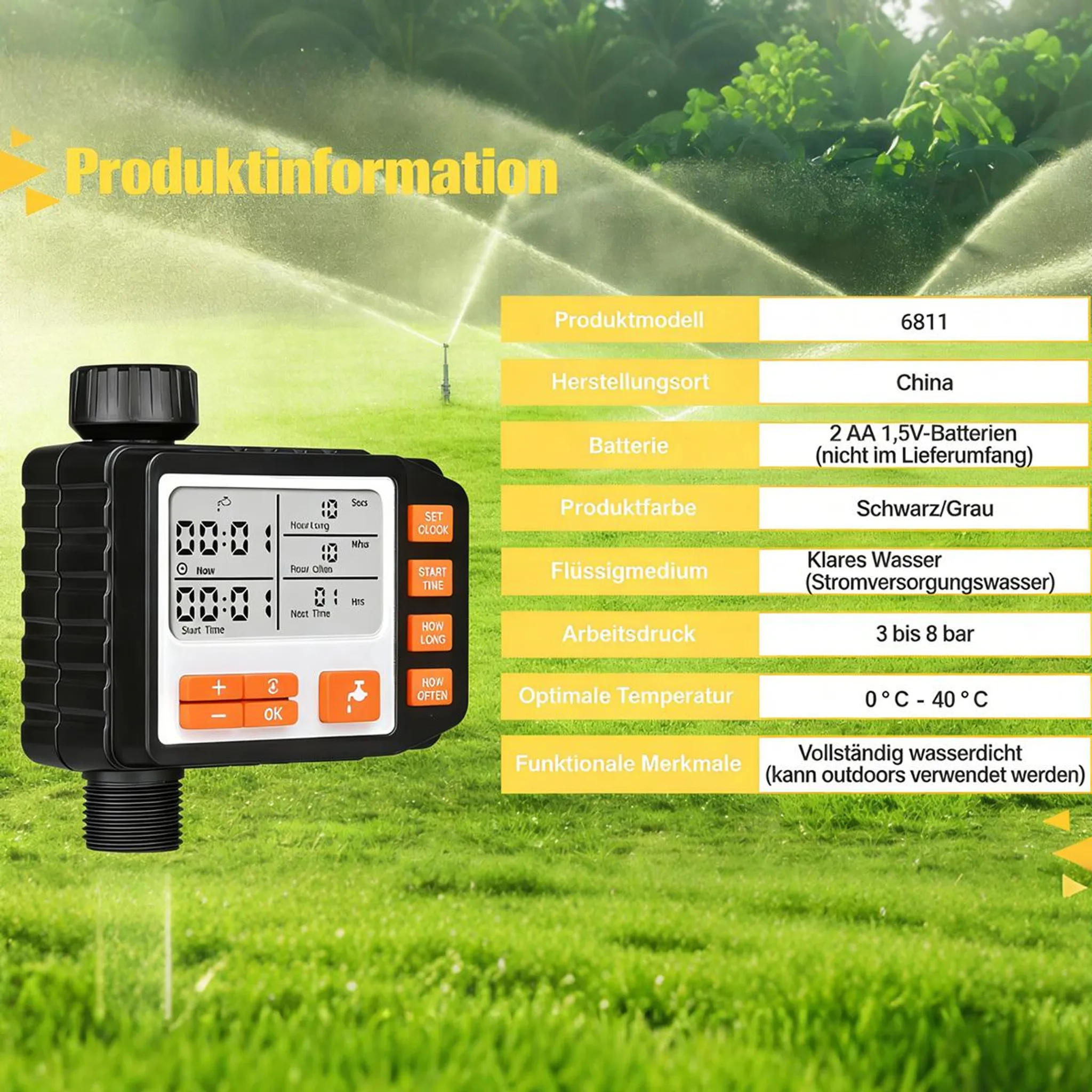 Ein schwarzer digitaler Bewässerungs-Timer mit LCD-Bildschirm auf einem grünen Rasen.
