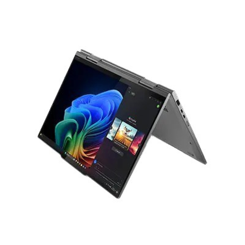 Szary laptop konwertowalny z otwartym ekranem, wyświetlający abstrakcyjny niebieski wzór.