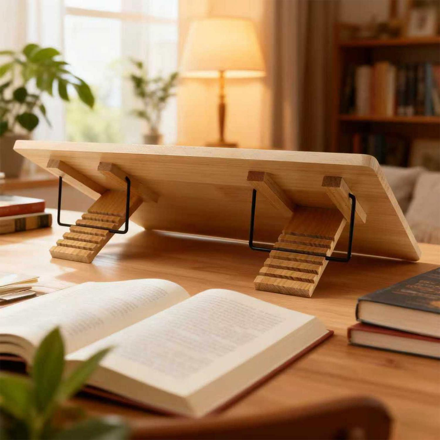 Ein hölzerner Buchständer mit offenen Büchern auf einem Holztisch.