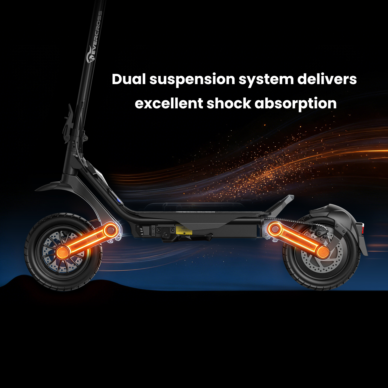 Schwarzer Elektroroller mit "Dual Suspension" für Stoßdämpfung.