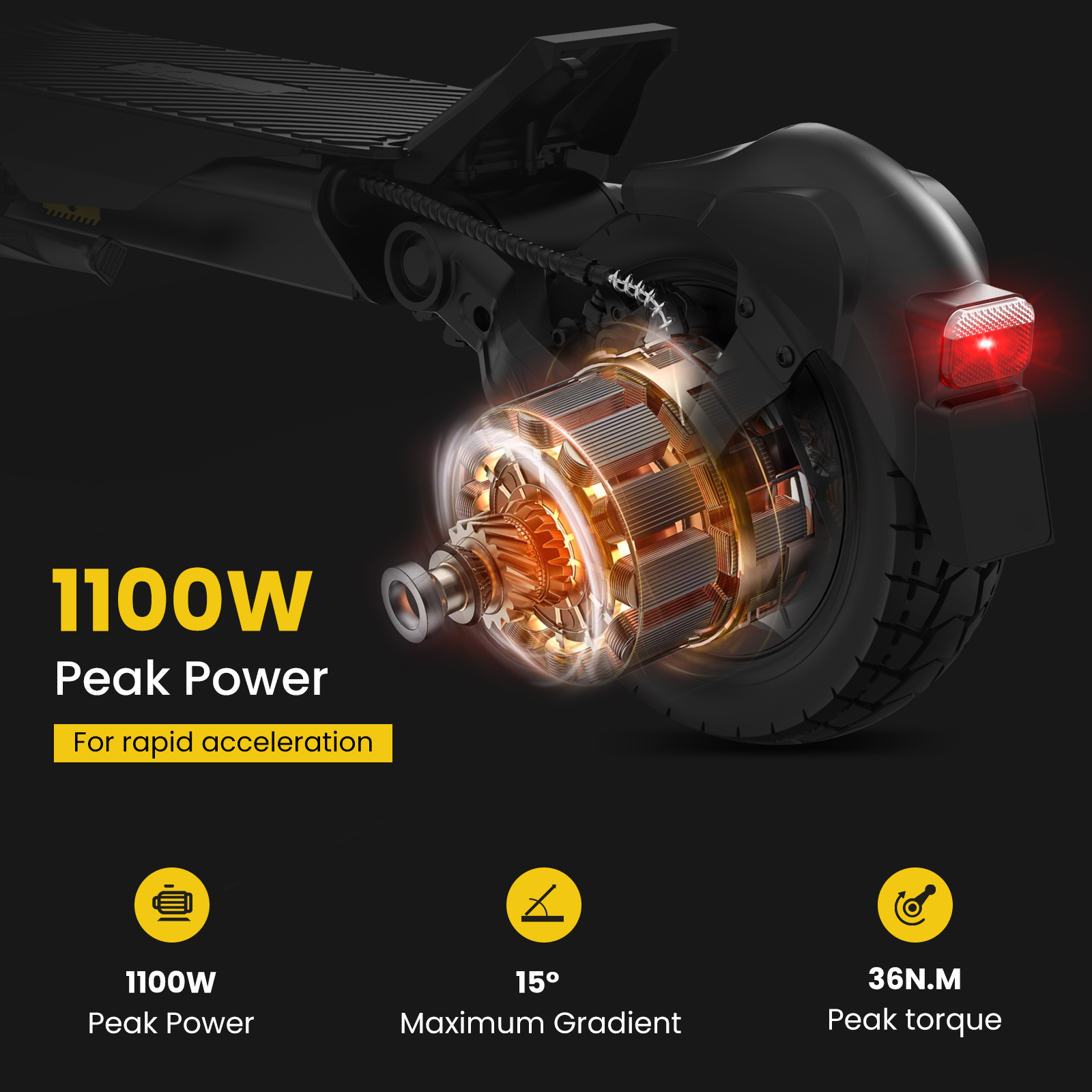 Nahaufnahme des Motors eines schwarzen Elektrorollers mit 1100W Spitzenleistung.
