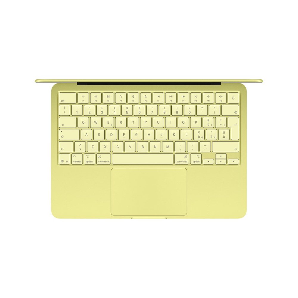 Eine Draufsicht auf eine leuchtend gelbe Laptop-Tastatur und ein Trackpad.