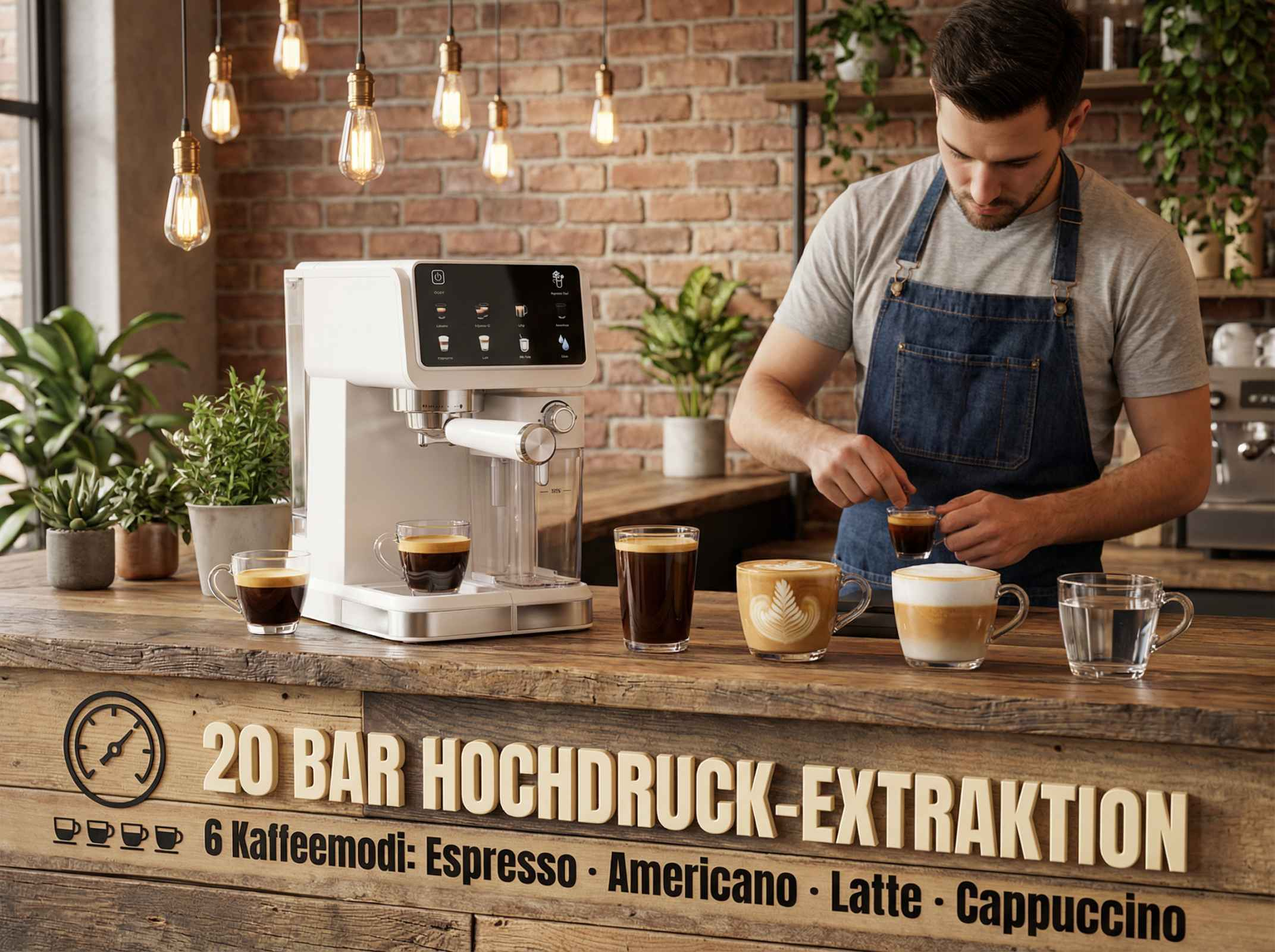 Mann bereitet Kaffee zu, neben einer Maschine und Tassen auf Holztresen.