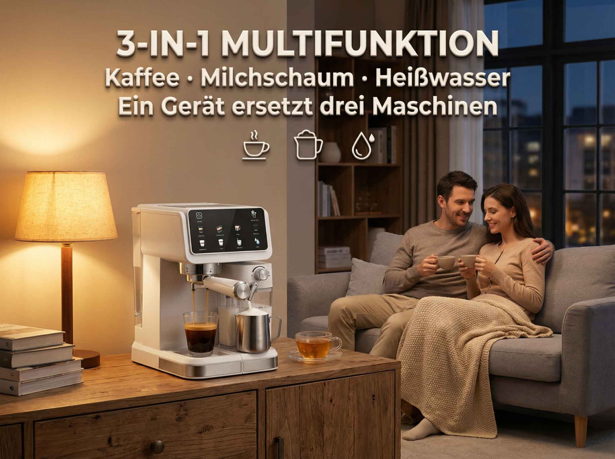 Ein modernes Kaffeevollautomat mit Zubehör auf einem Holztisch, ein Paar sitzt auf Sofa.