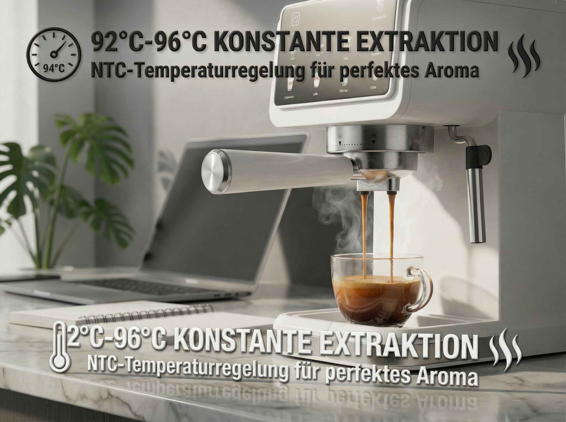 Espressomaschine brüht Kaffee in eine Tasse. Text über Temperaturregelung.