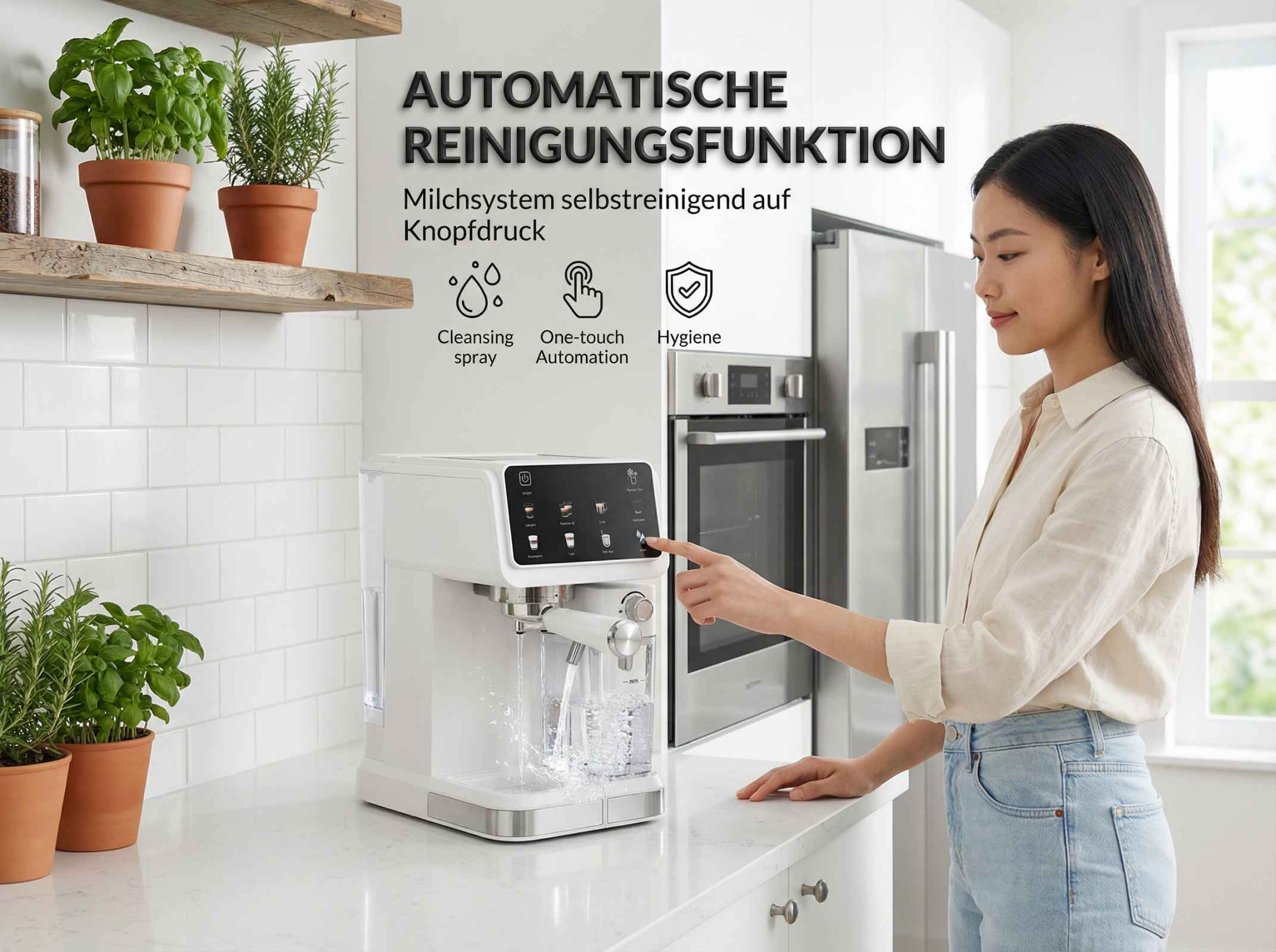 Eine Frau bedient eine weiße Kaffeemaschine. Spritzendes Wasser im Tank.