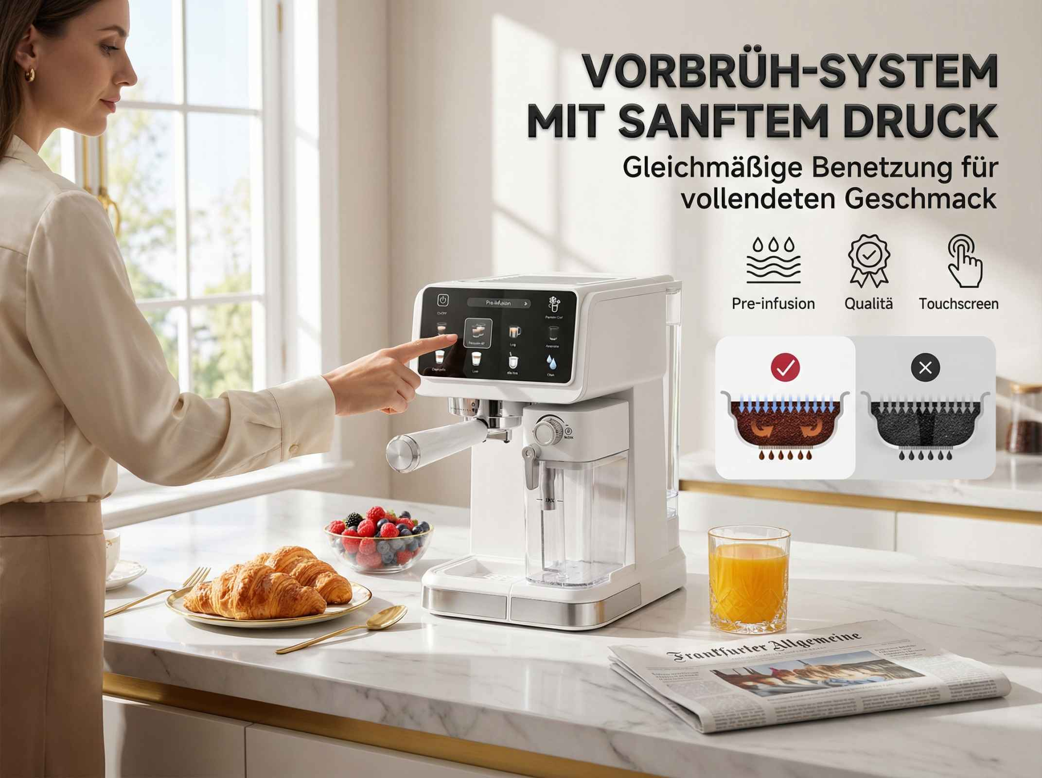 Eine Frau bedient eine weiße Kaffeemaschine mit Touchscreen neben Croissants und Beeren.