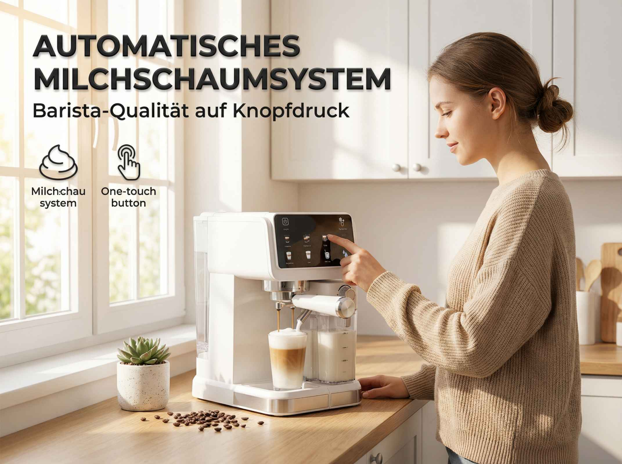 Eine Frau bedient eine Kaffeemaschine, die einen Latte zubereitet.
