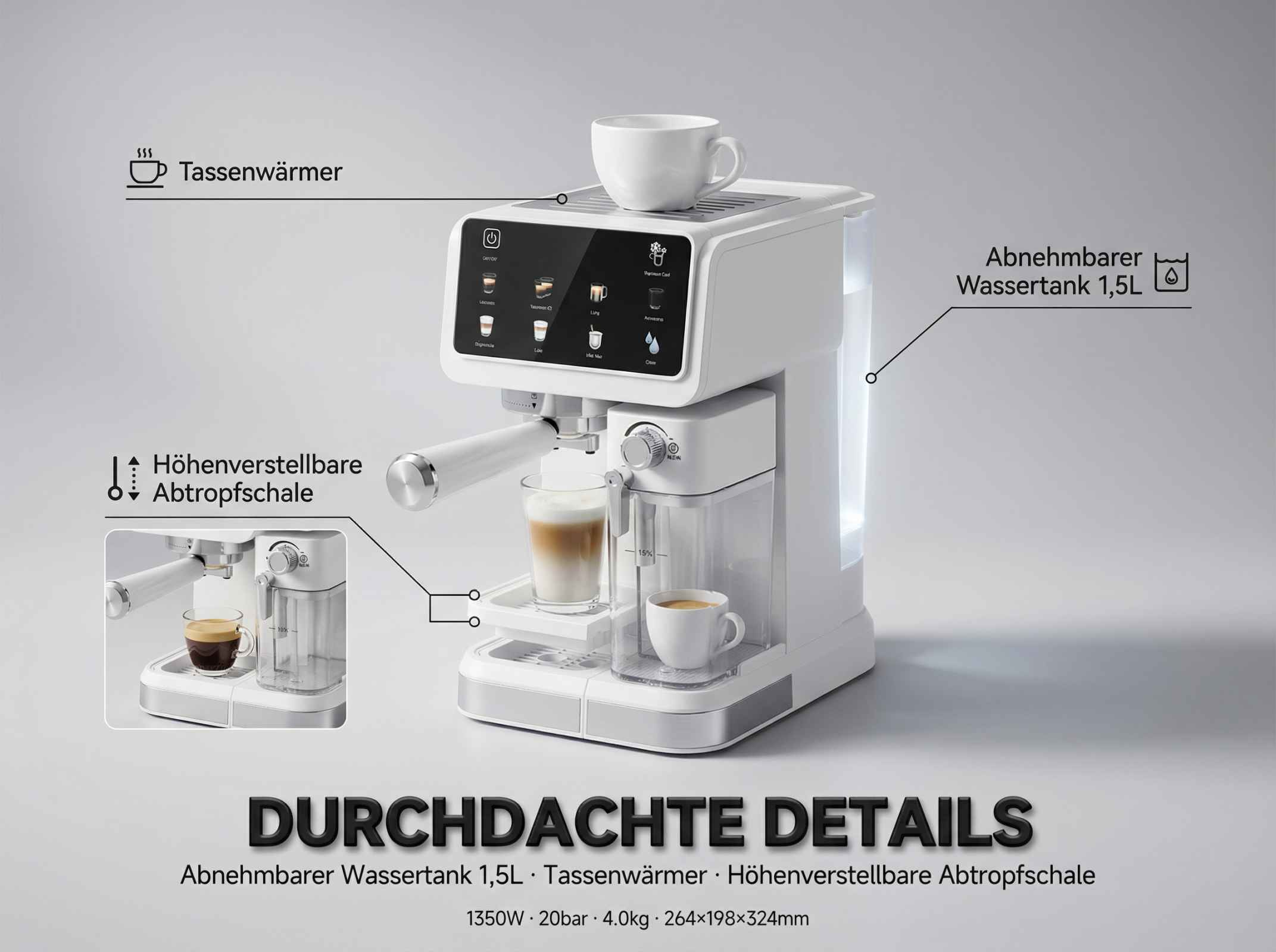 Weiße Kaffeemaschine mit Touchscreen, Tassenwärmer, Milchkaffee und Espresso.