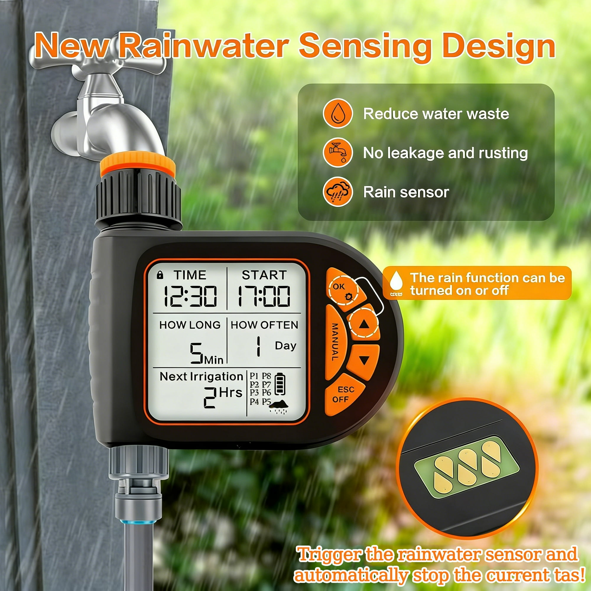Digitaler Wasserzeitschaltuhr mit Display, Tasten und Regensensor. An Wasserhahn angeschlossen.