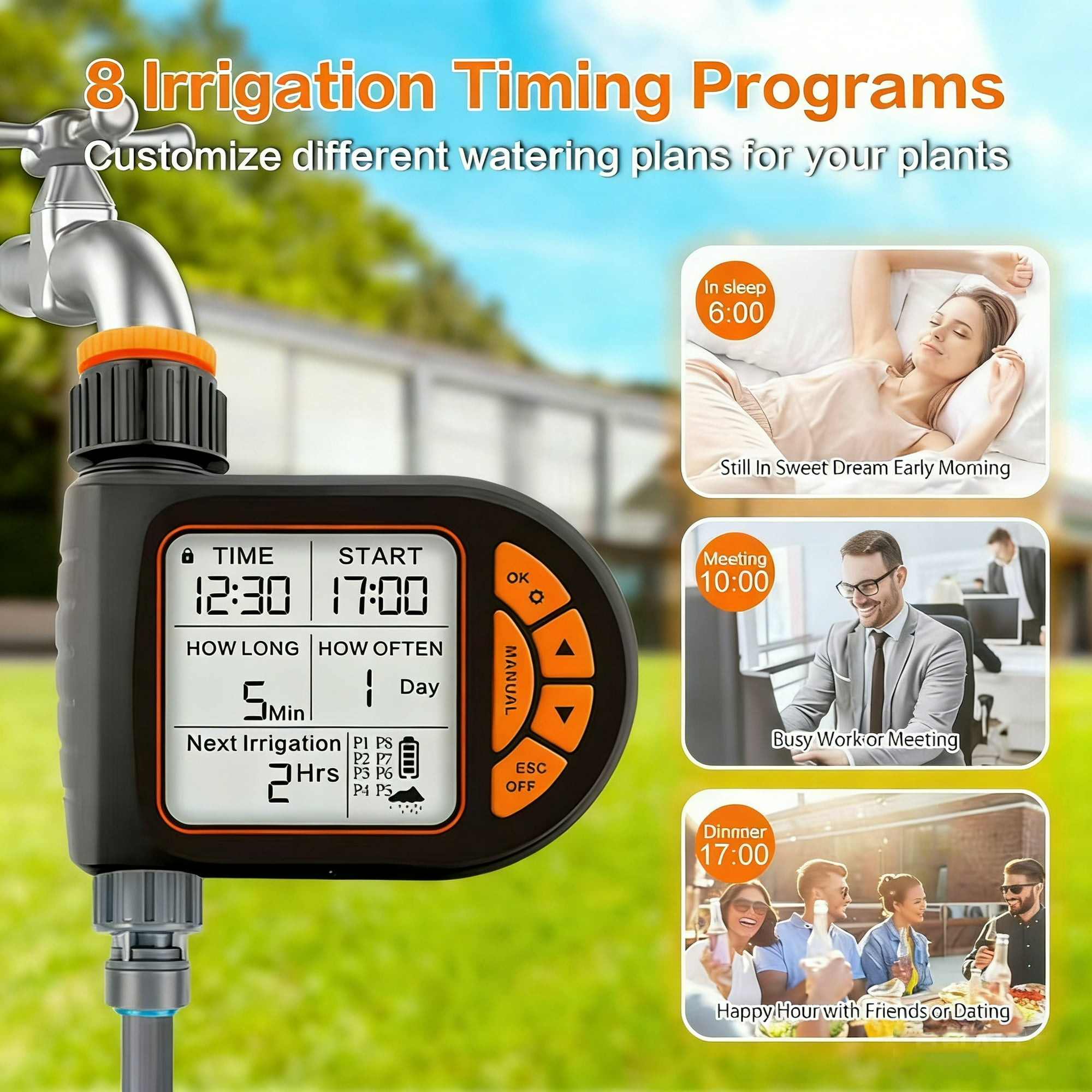 Ein digitaler Bewässerungs-Timer mit Wasserhahn und verschiedenen Programmen für das Gießen von Pflanzen.
