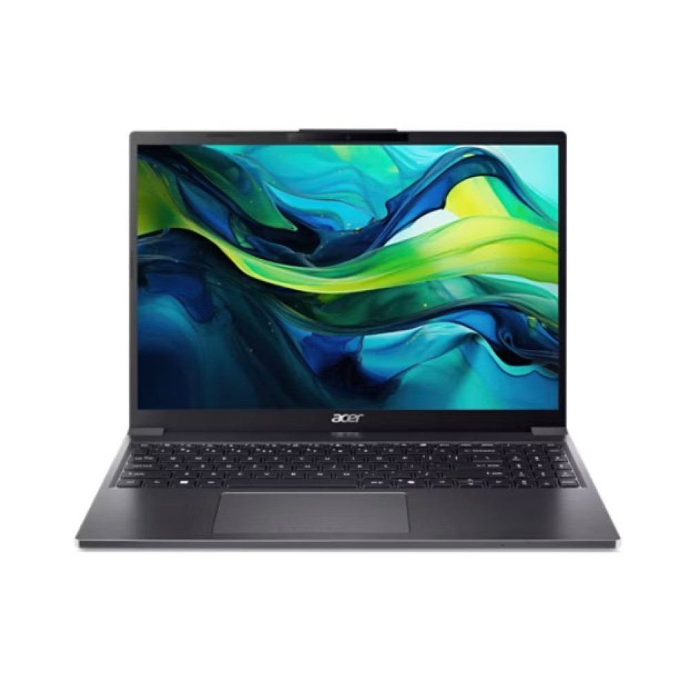 Otwarty szary laptop Acer z kolorową abstrakcyjną tapetą na ekranie.