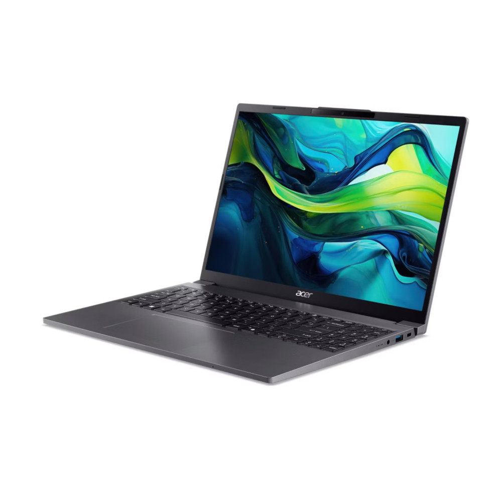 Ciemny laptop Acer z kolorową, abstrakcyjną tapetą na ekranie.
