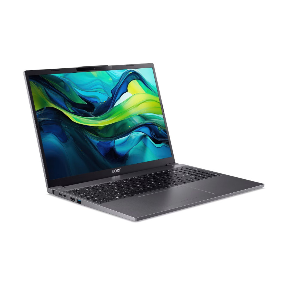 Zamknięty szary laptop Acer z kolorową tapetą abstrakcyjną na ekranie.