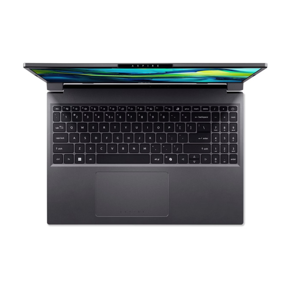 Widok z góry ciemnego laptopa z otwartym ekranem, wyświetlającym kolorowy obraz.