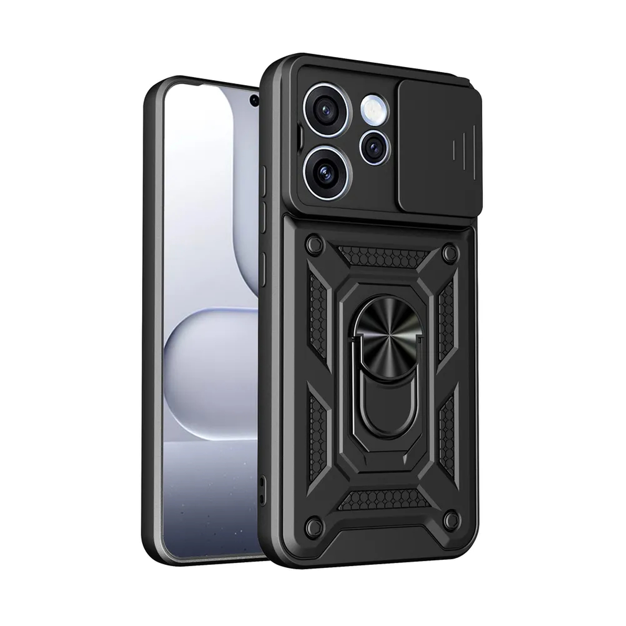 Zwarte telefoonhoes met ringhouder, cameraklep en robuust ontwerp.
