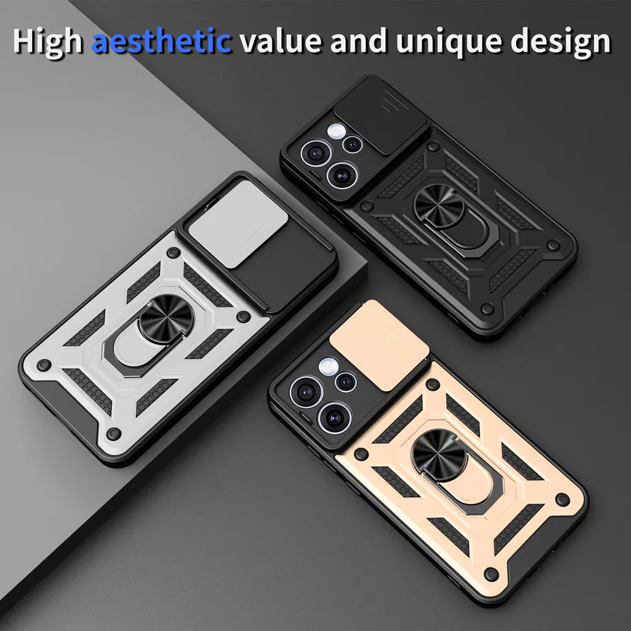 Drie beschermende telefoonhoesjes met cameralensafdekking en ringhouders in zwart, goud en zilver.