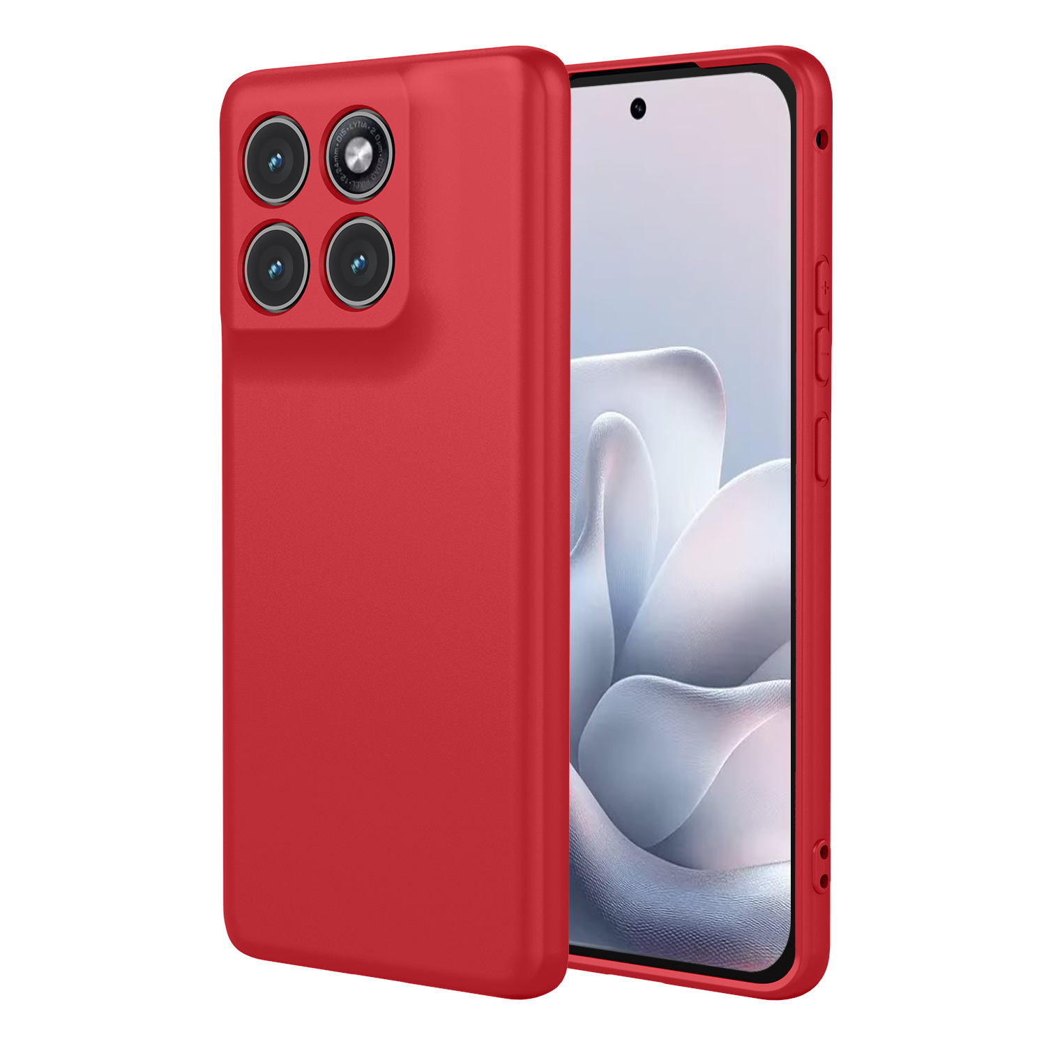 Rode smartphonehoes met vier camera's en een deel van het scherm.