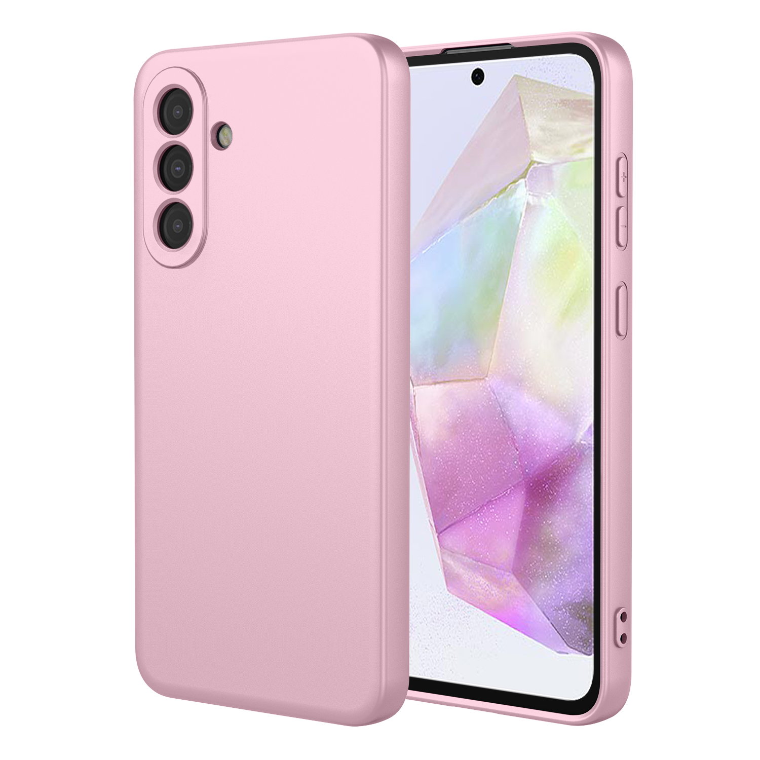 Een roze telefoonhoesje met drie cameralenzen en een flitser aan de achterkant.