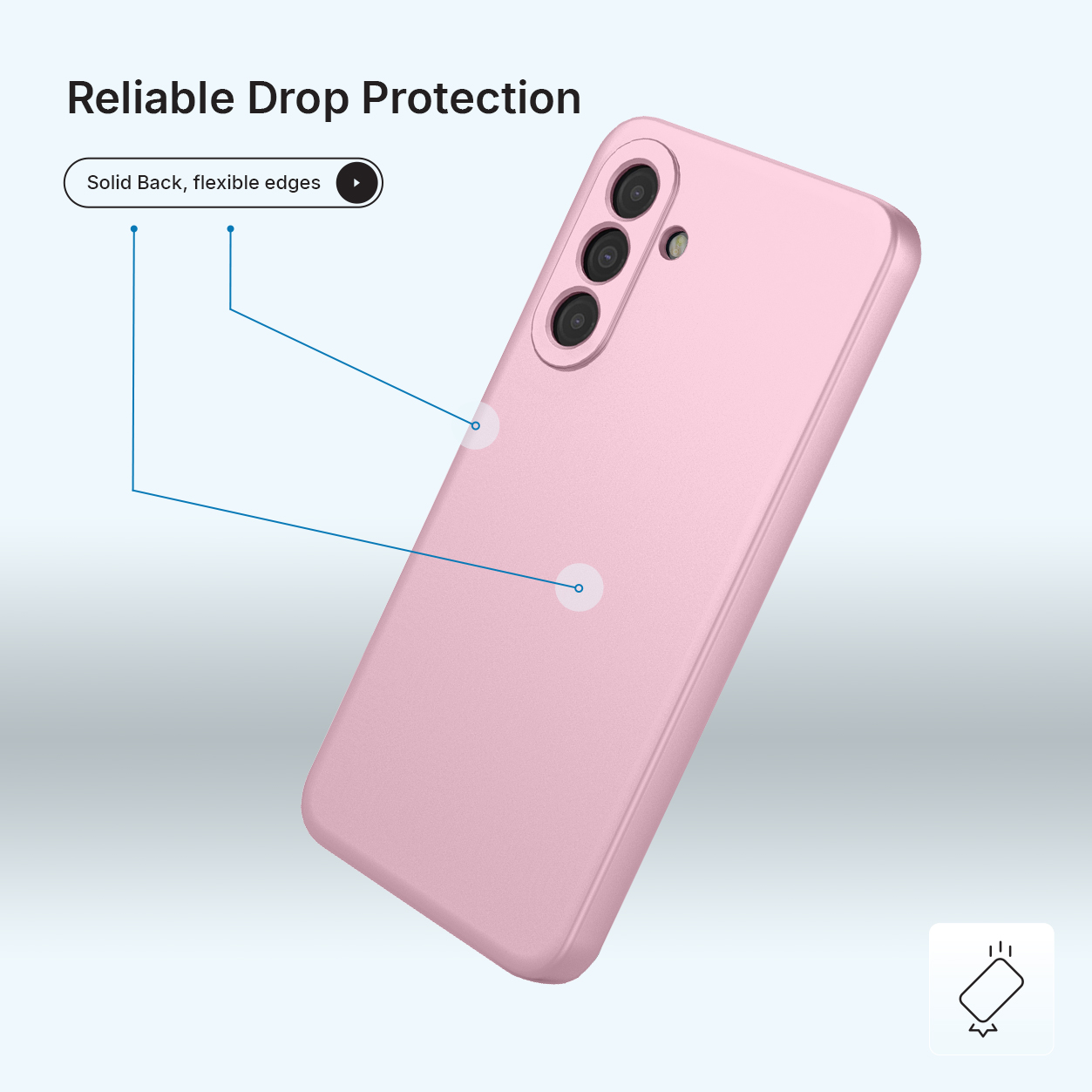 Een roze telefoonhoes met drie cameralenzen en flexibele randen.