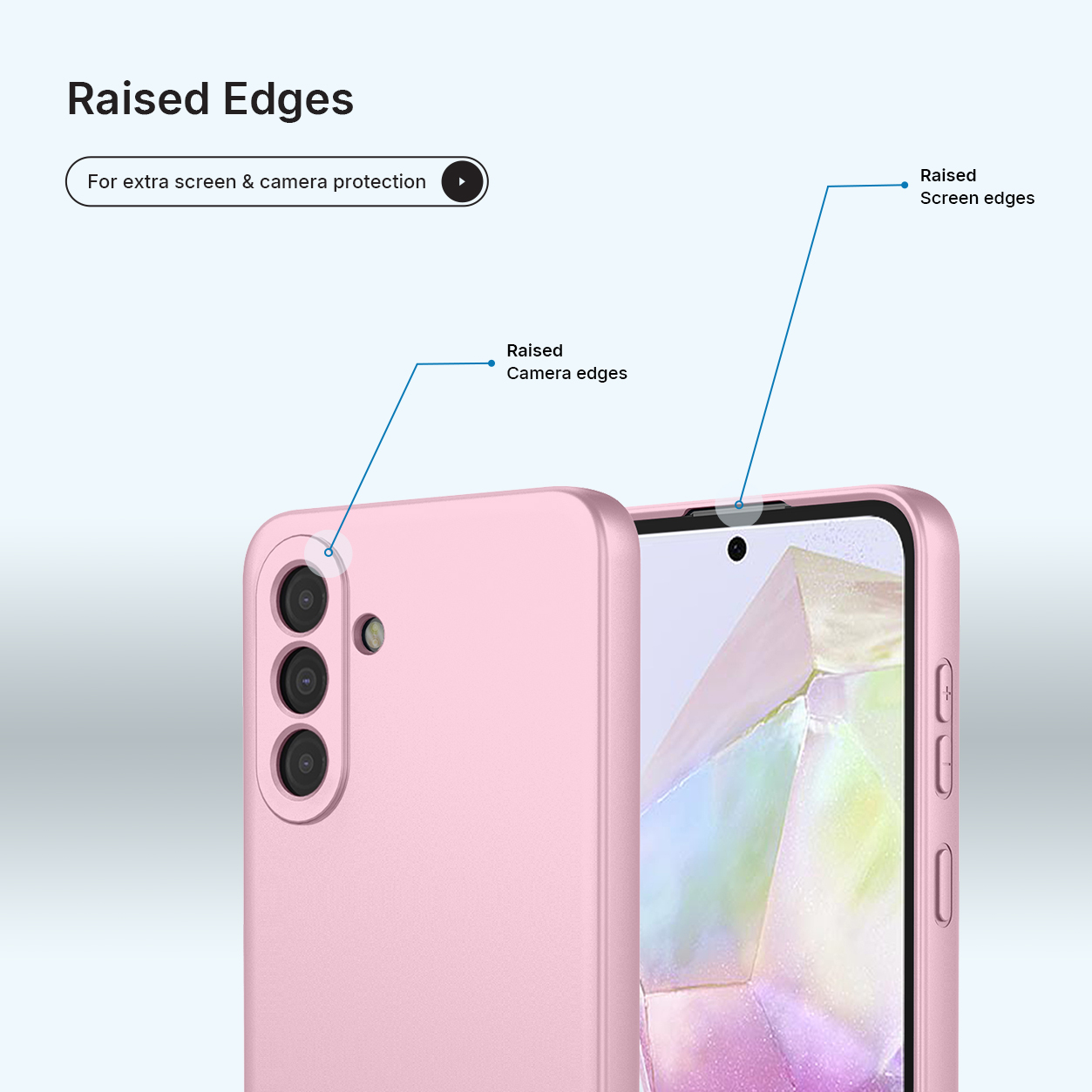 Roze telefoonhoes met verhoogde randen voor camera- en schermbescherming.