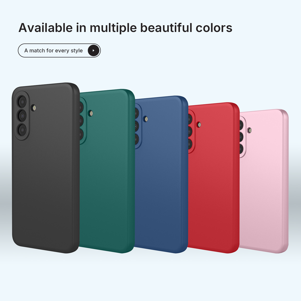 Vijf telefoonhoesjes in zwart, groen, blauw, rood en roze op een rij.