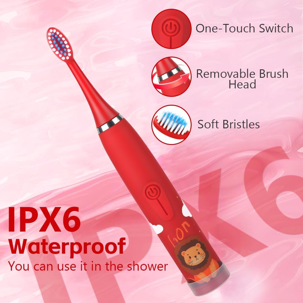 Rote elektrische Zahnbürste mit Löwenmotiv, IPX6 wasserdicht.