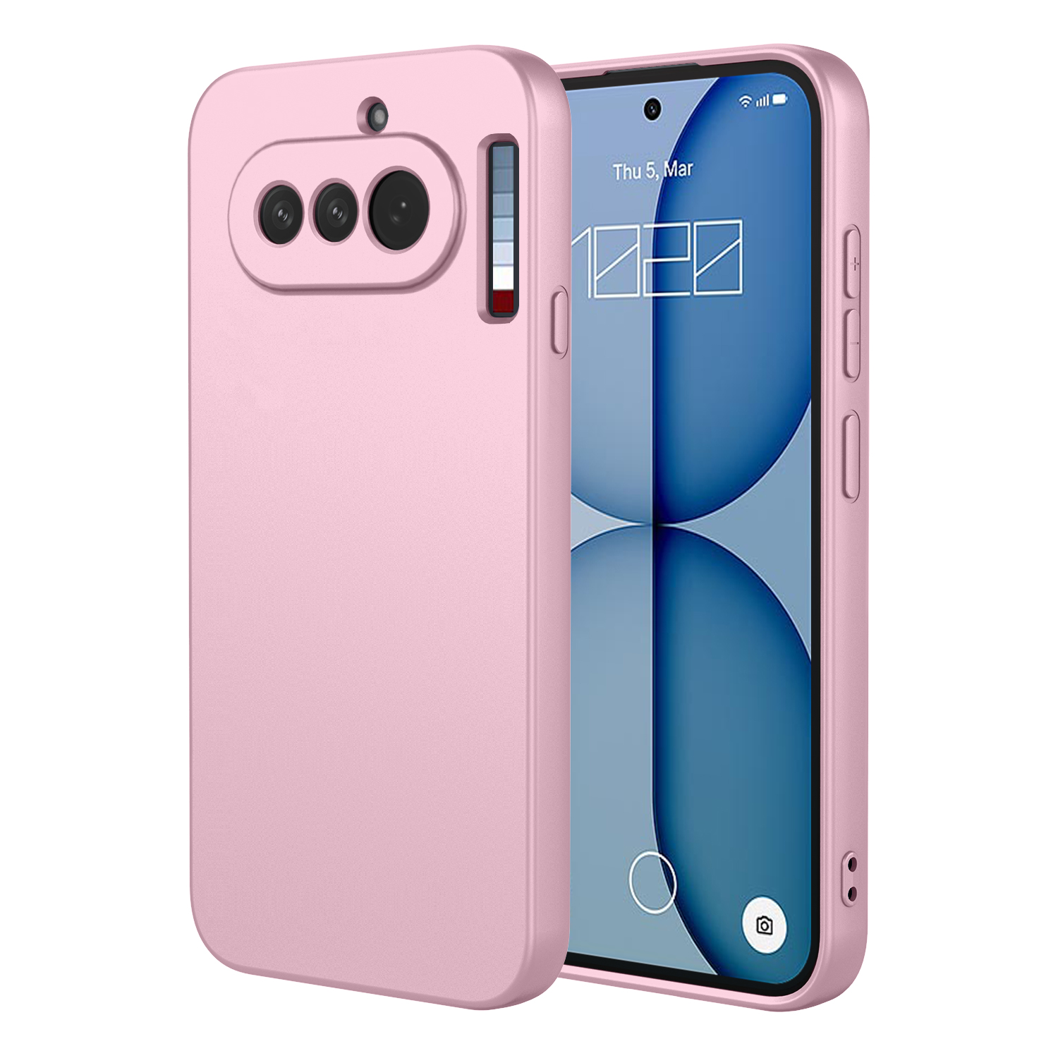 Een roze telefoonhoesje op een telefoon met 10:22 op het scherm. Drie camera's op het hoesje.