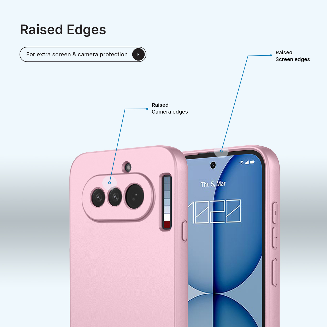 Een roze telefoonhoes met verhoogde randen ter bescherming van camera en scherm.