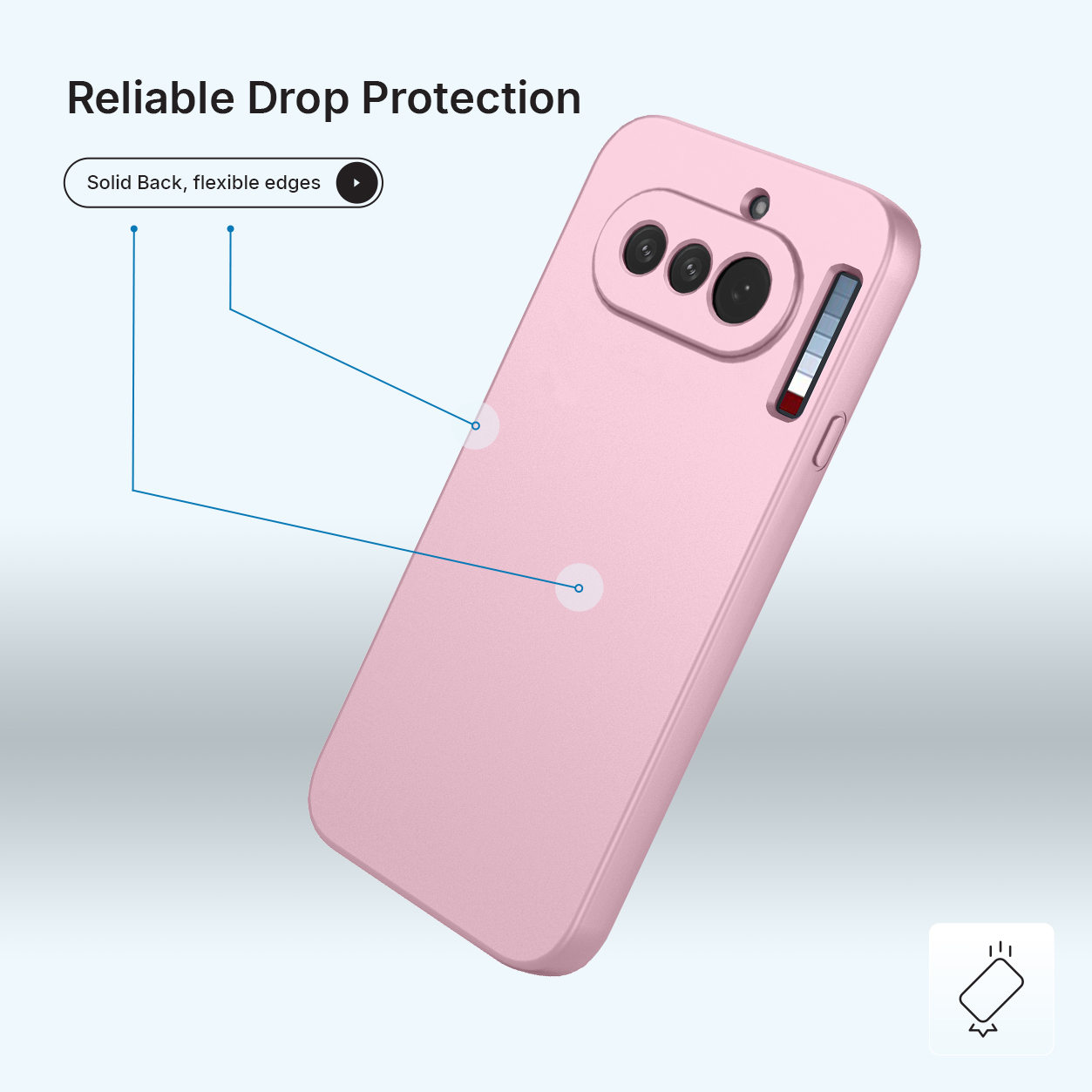 Een roze telefoonhoes met drie camera's en flexibele randen.