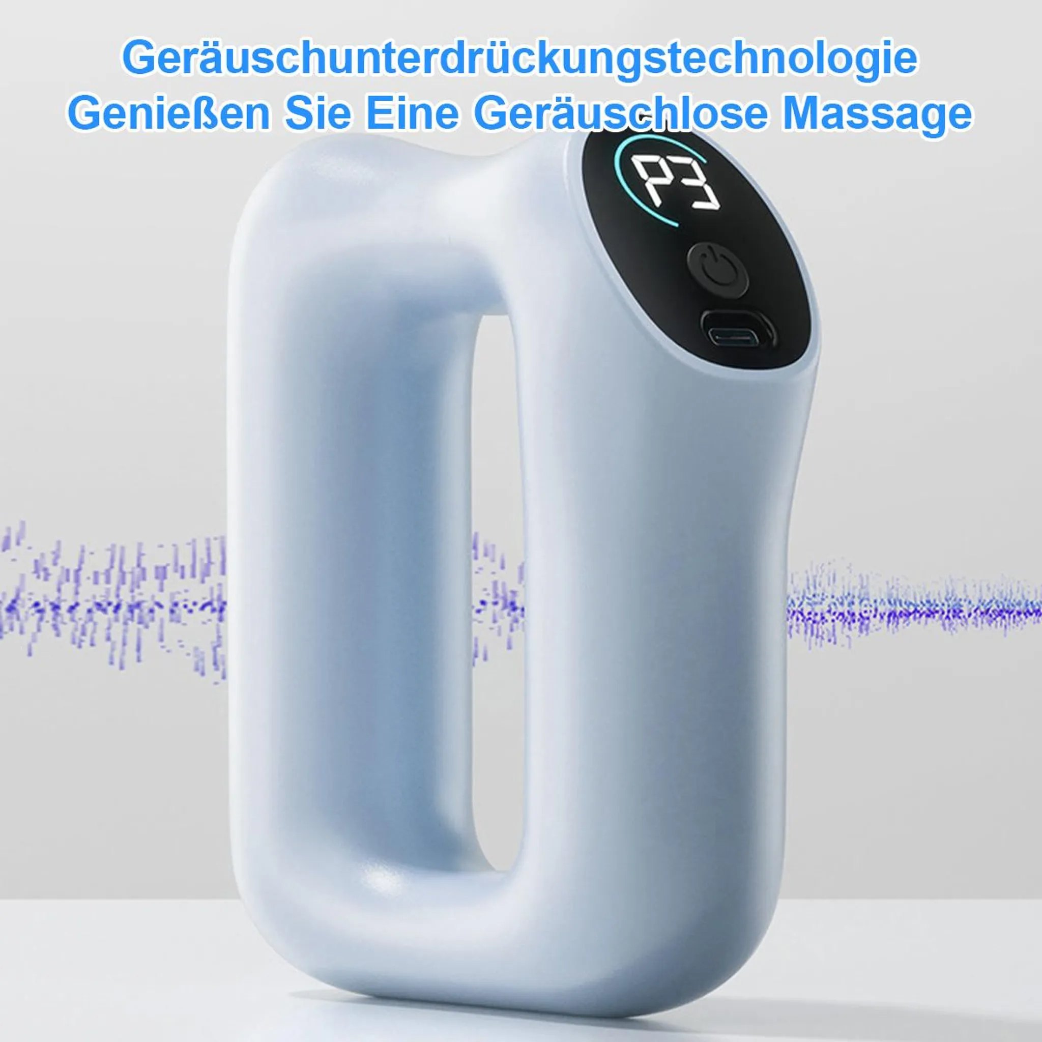 Ein hellblaues Massagegerät mit digitaler Anzeige und USB-Anschluss.