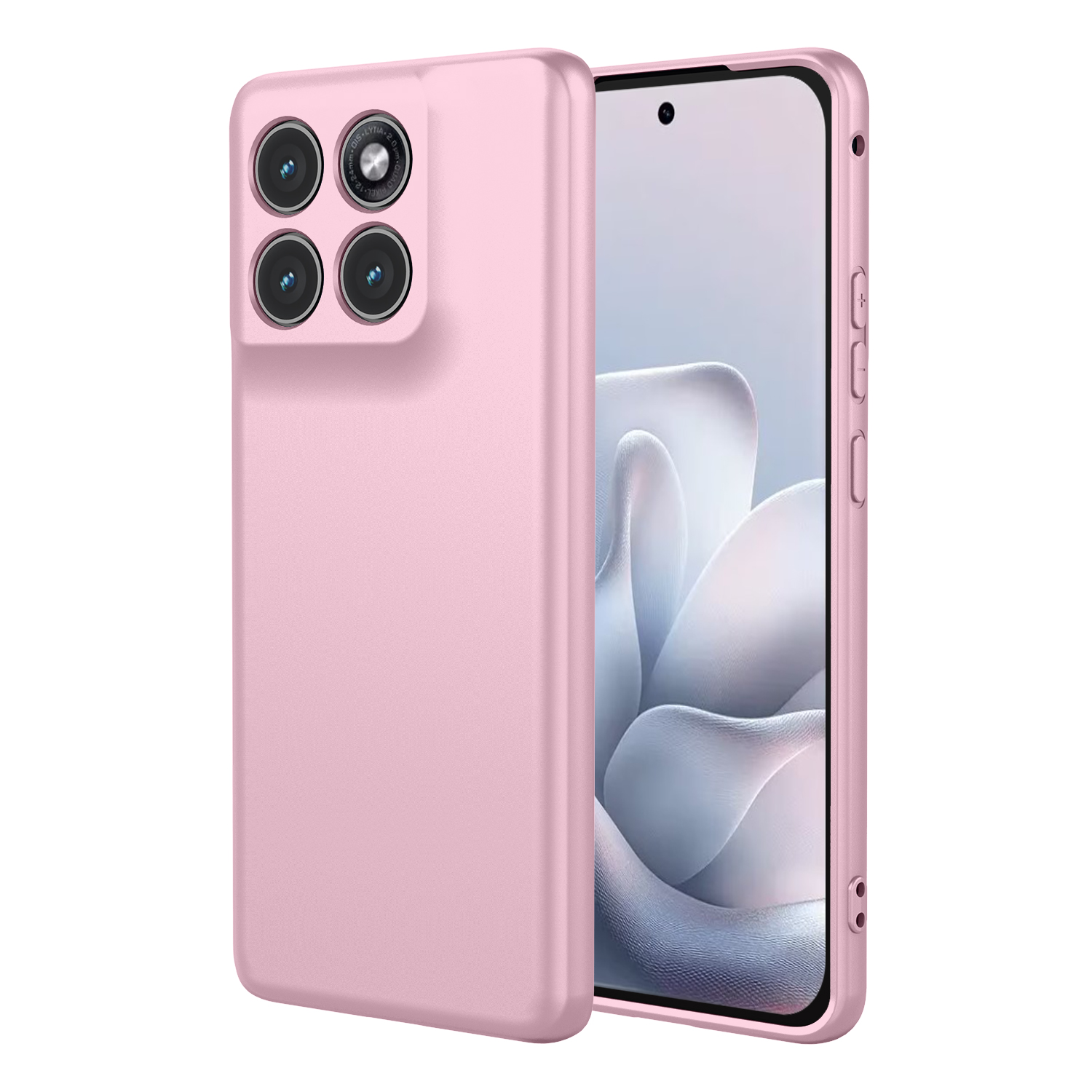 Een roze telefoonhoes met vier cameralenzen is aan de linkerkant.