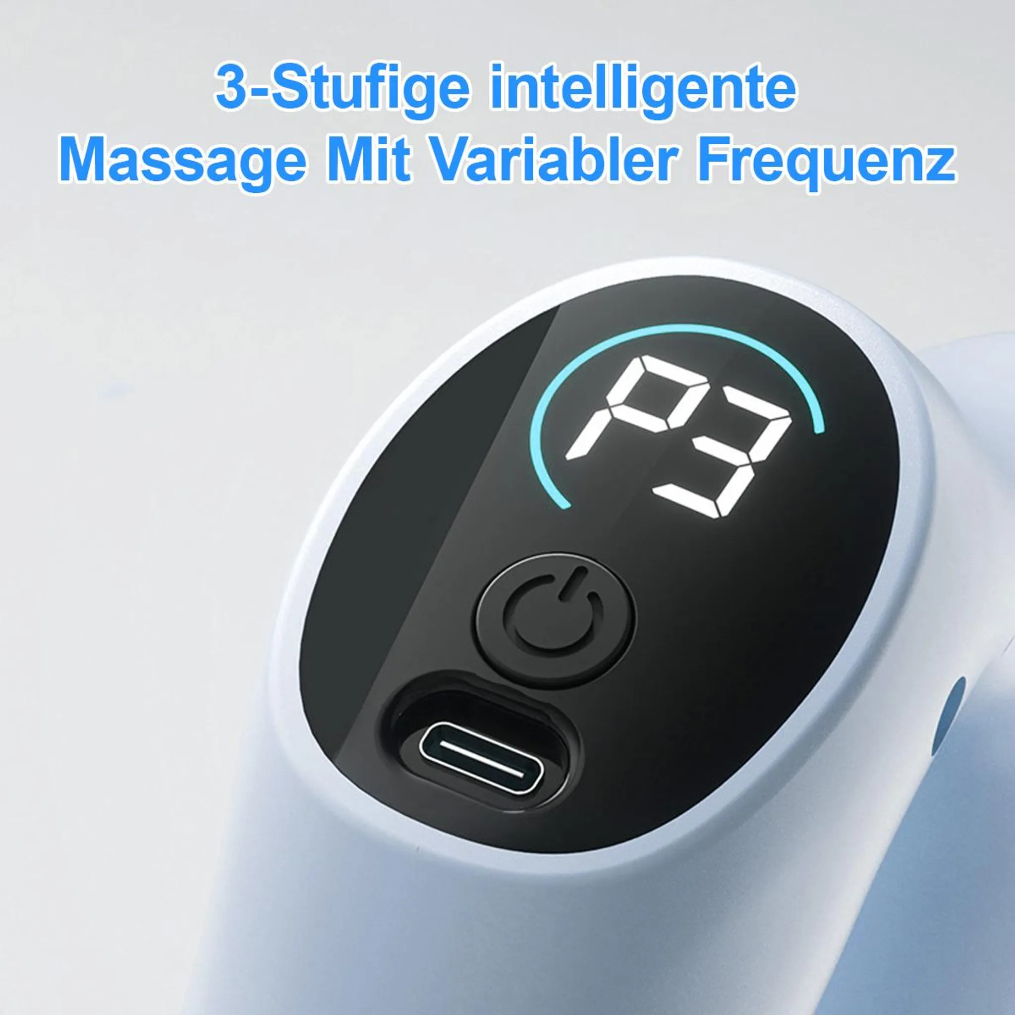 Massagegerät mit digitaler Anzeige 'P3', Ein/Aus-Taste und USB-C-Anschluss.