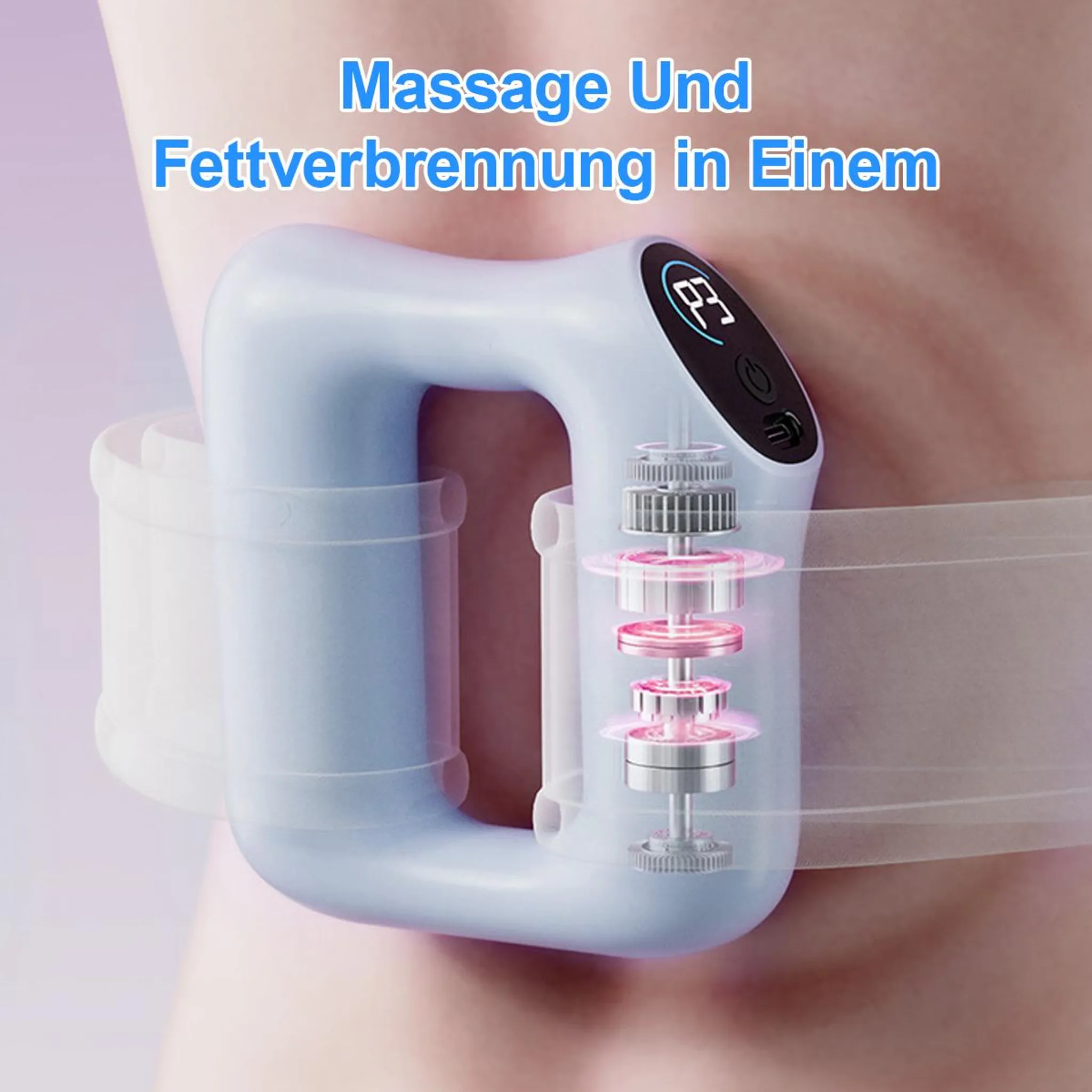 Ein blaues Massagegerät mit Zahnrädern und rosa Lichtern an einem Bein.