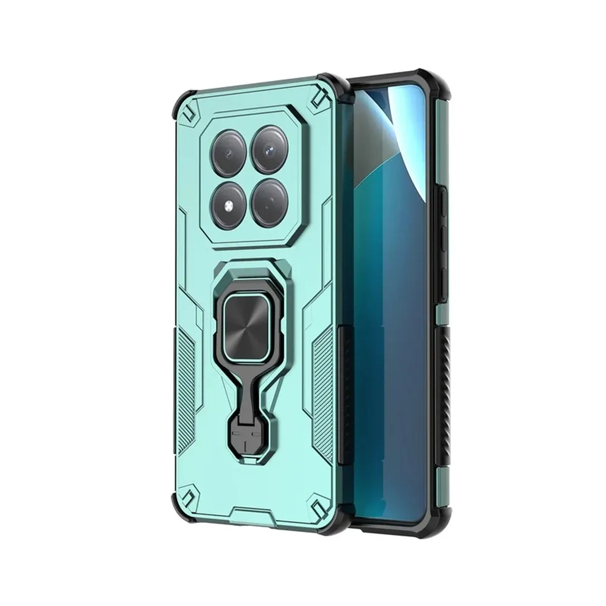 Une coque de téléphone sarcelle avec support anneau et quatre objectifs.