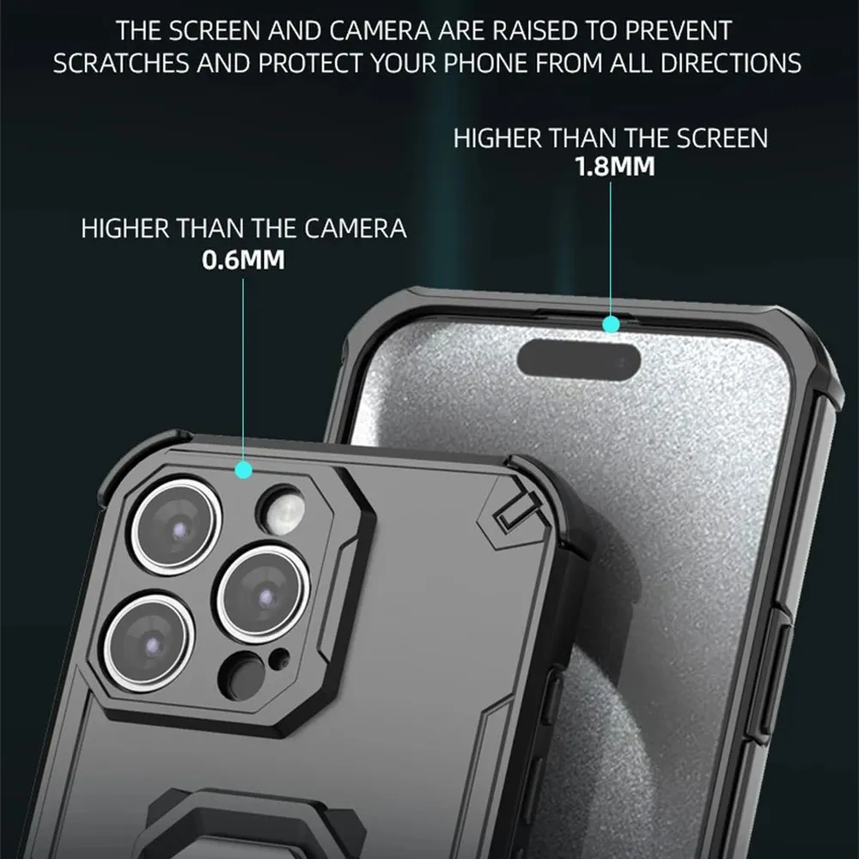 Coque de téléphone surélevée 0,6 mm caméra, 1,8 mm écran pour éviter les rayures.