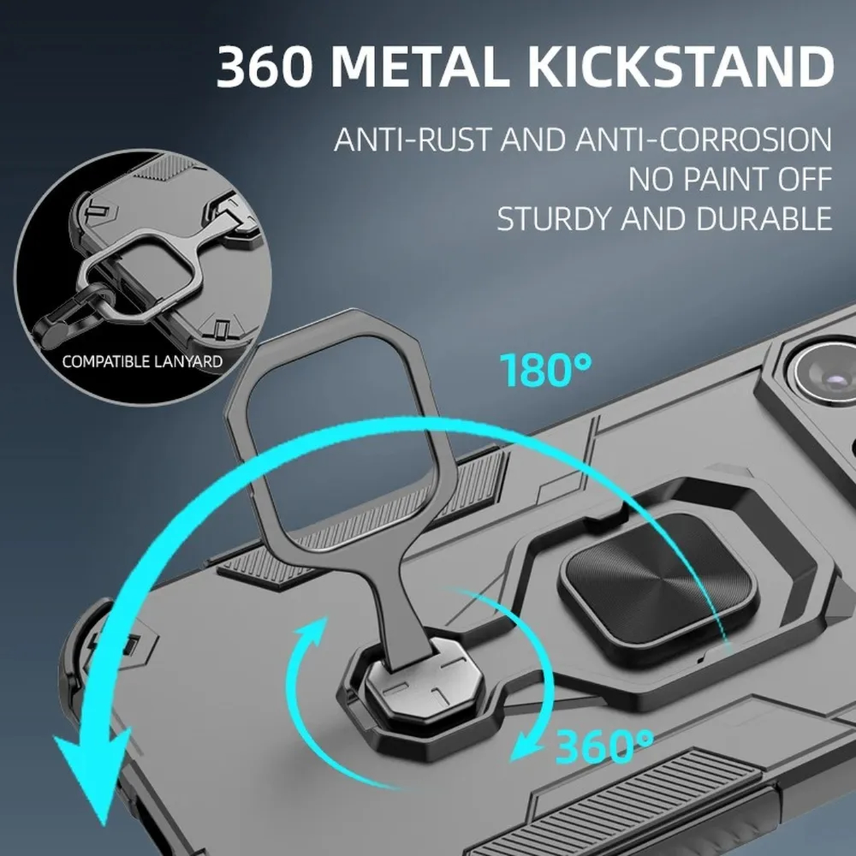 Coque de téléphone grise avec support métallique 360 et dragonne.