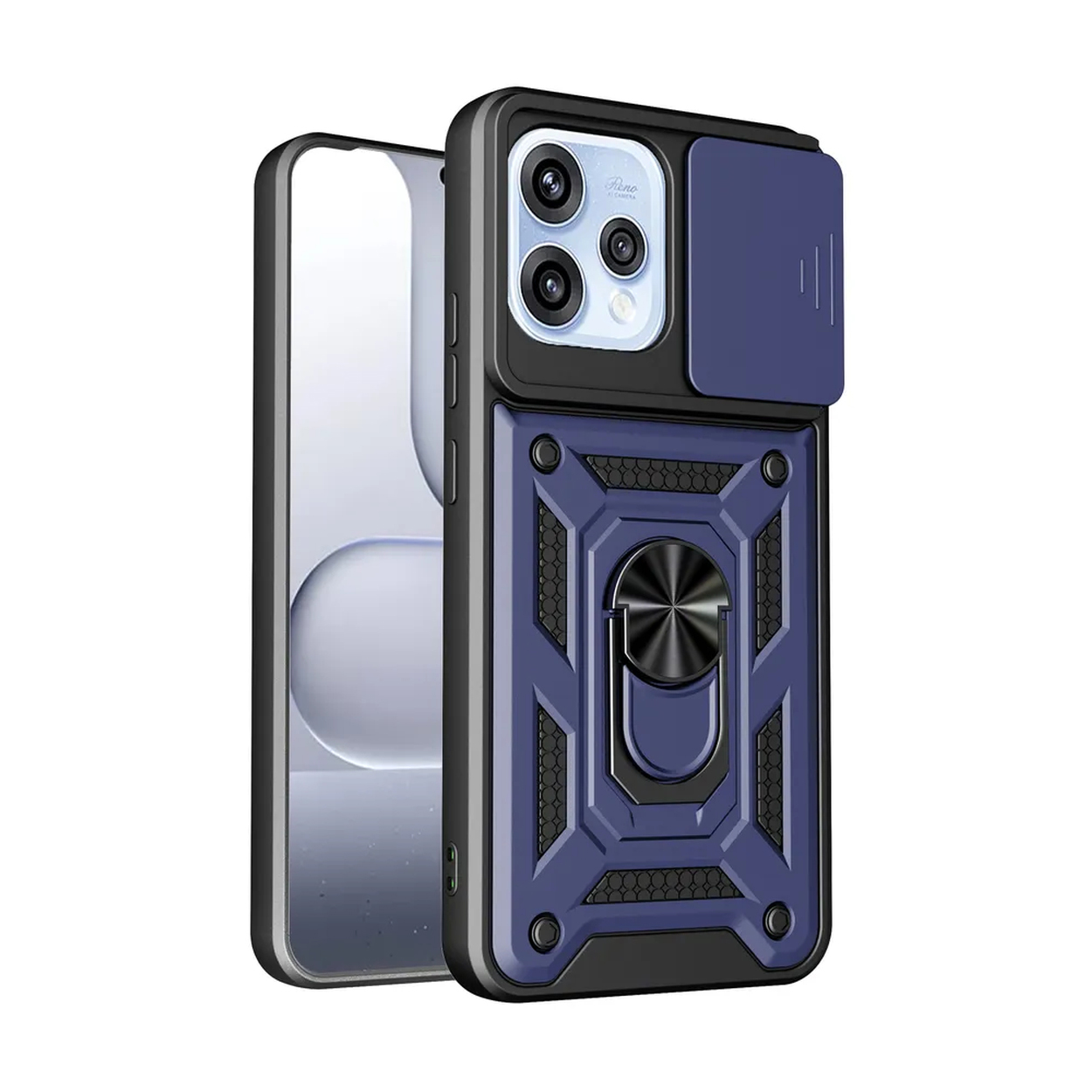 Coque de téléphone bleu foncé avec cache-objectif et support bague.