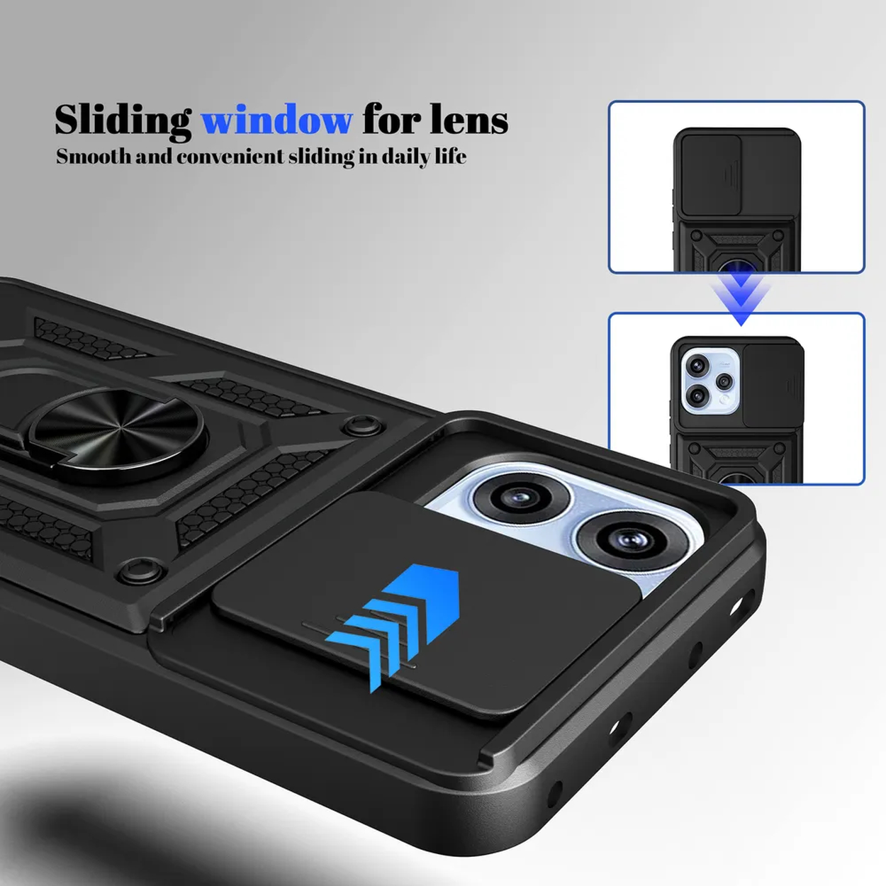 Coque de téléphone noire avec fenêtre coulissante pour objectif de caméra et support anneau.