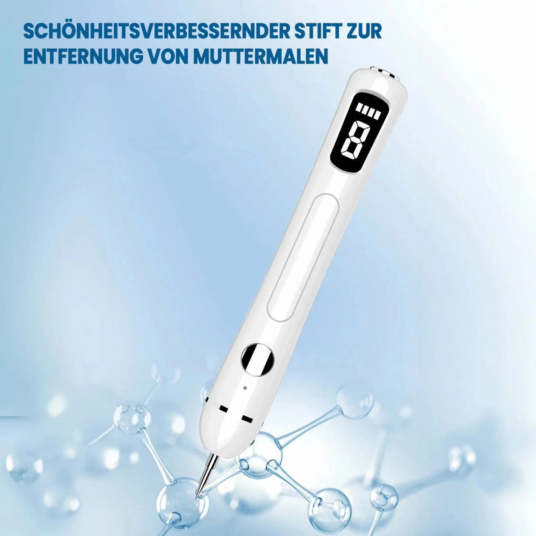 Ein weißer Beauty-Stift mit digitaler Anzeige und Molekül-Grafik.