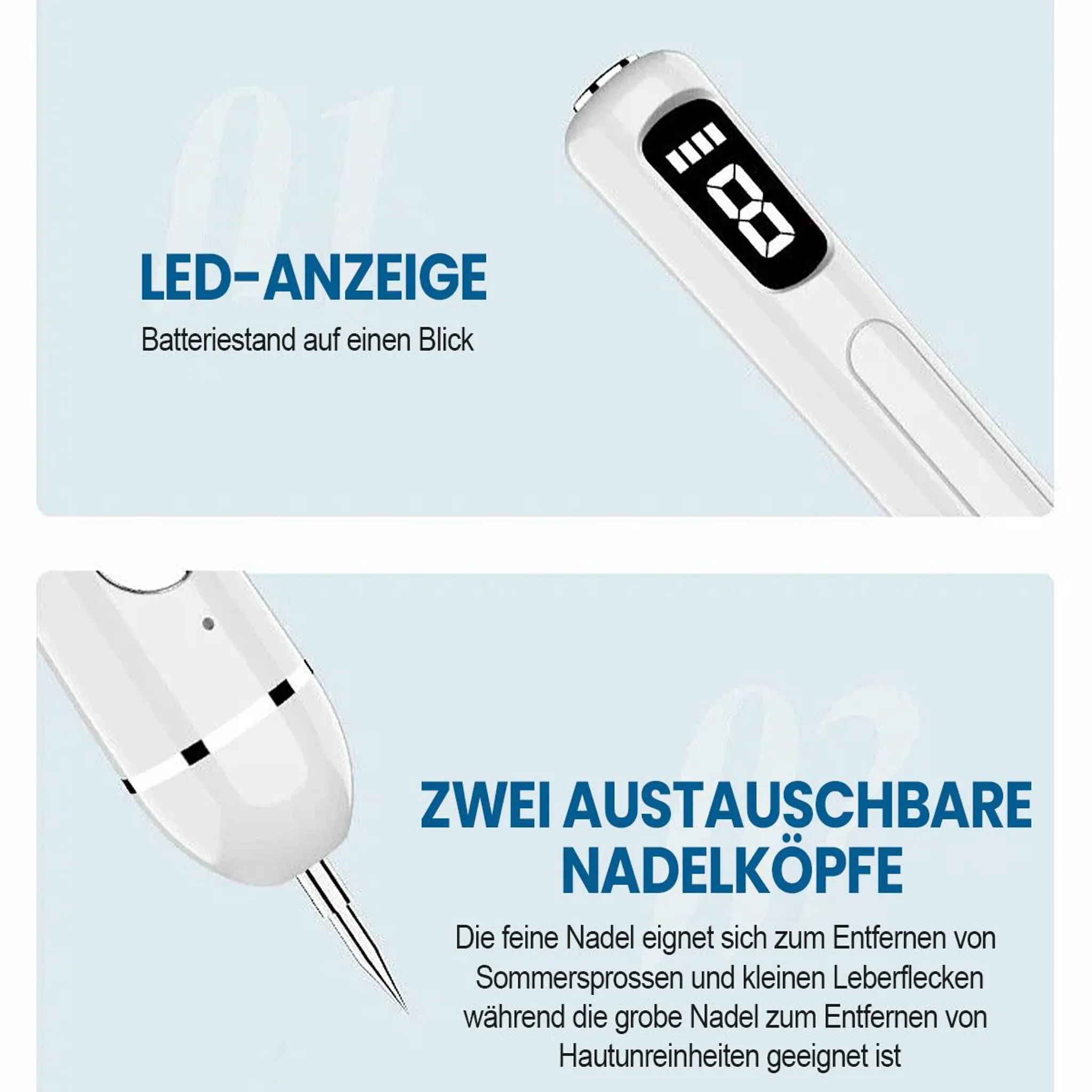 Ein weißes Hautpflegegerät mit LED-Anzeige und austauschbaren Nadeln.