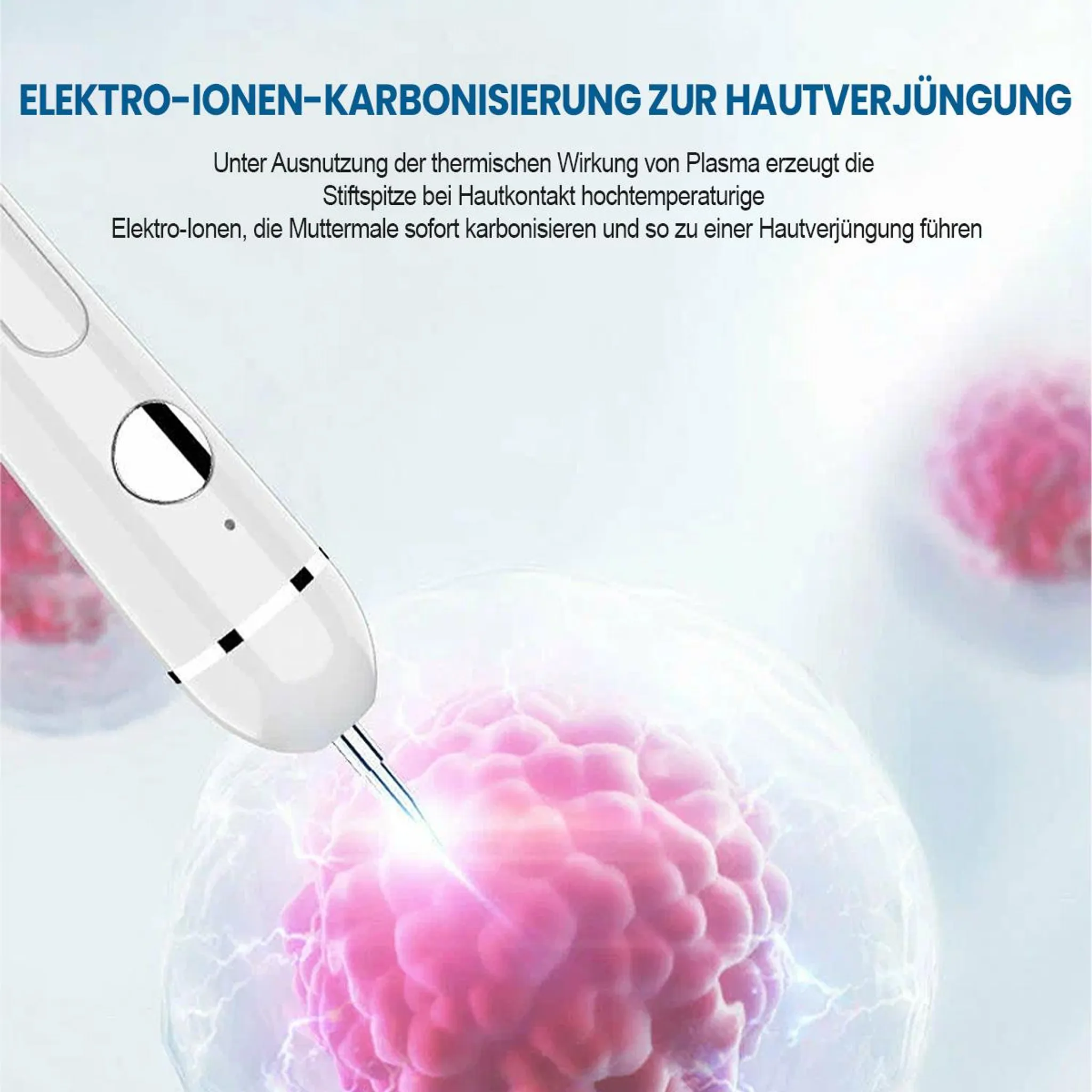 Ein weißes Plasma-Pen-Gerät behandelt eine pinke, facettierte Hautzelle.