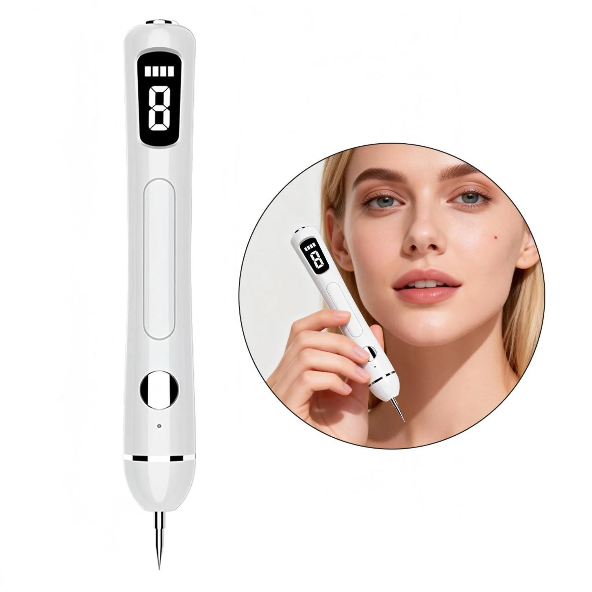 Ein weißer Hautunreinheitenstift mit digitaler Anzeige wird von einer Frau gehalten.