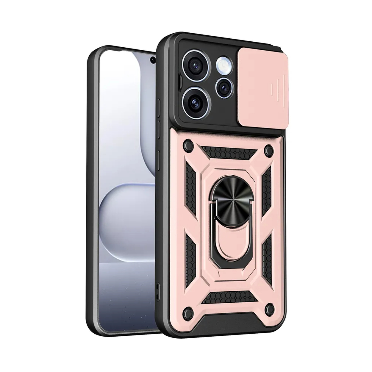 Een roségouden telefoonhoesje met ring en schuifhoesje voor de camera.