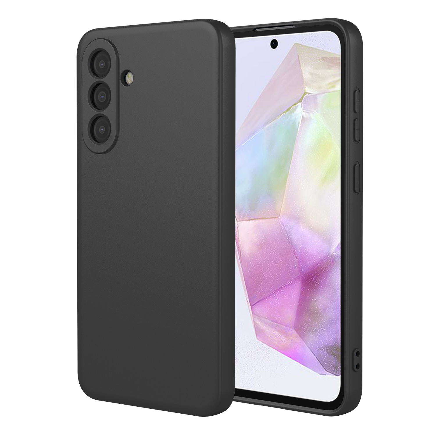 Téléphone noir avec trois caméras et protecteur d'écran. Fond blanc.
