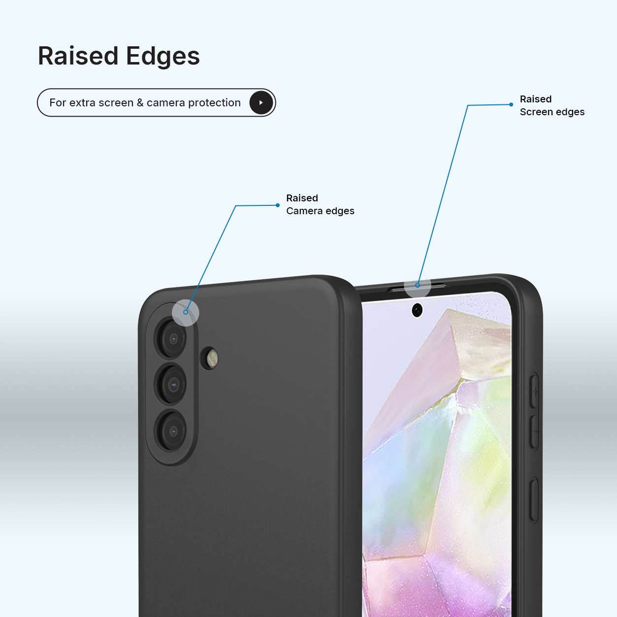 Coque de téléphone noire avec bords surélevés pour protéger caméra et écran.