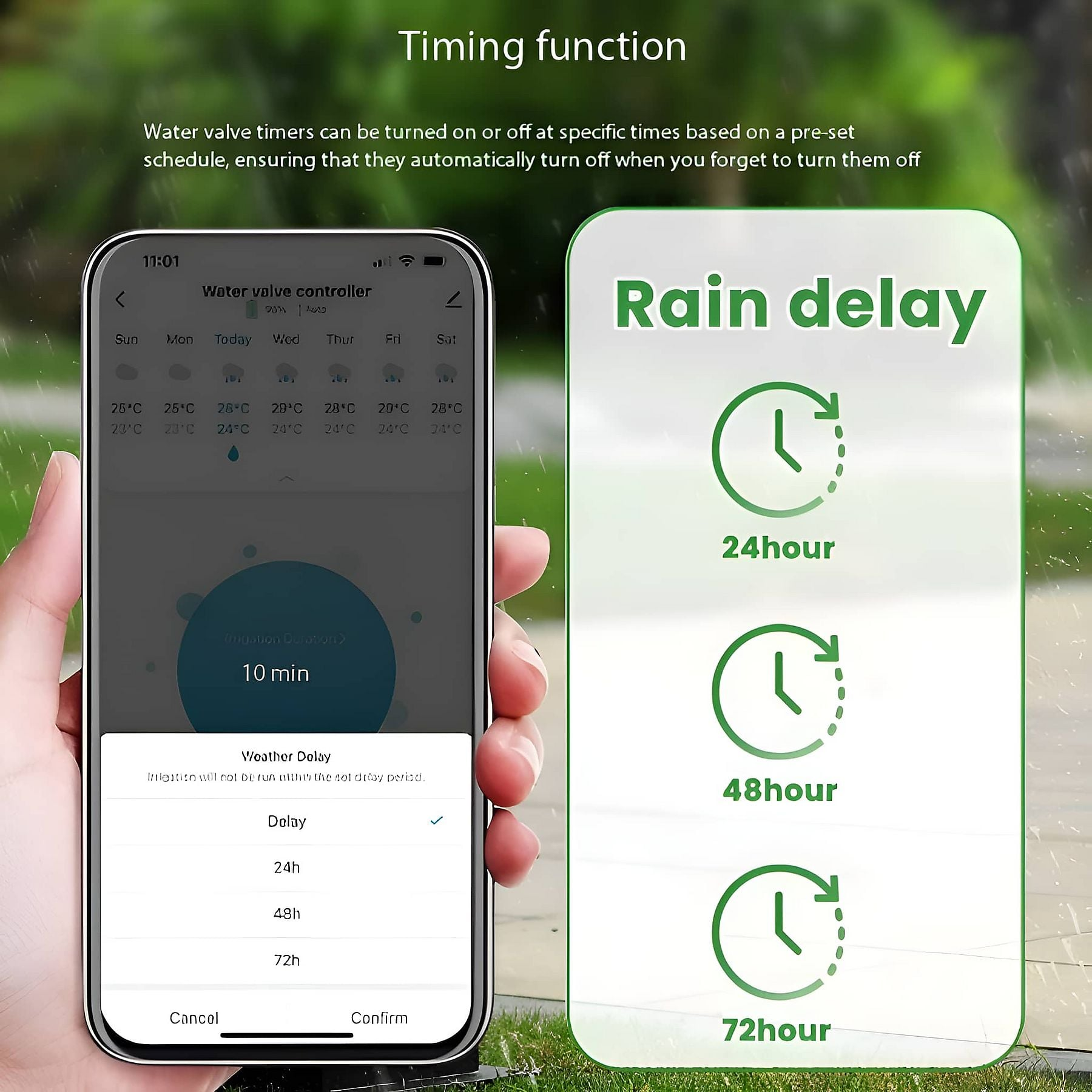 Ein Handy zeigt eine Bewässerungssteuerung mit Regenverzögerungsoptionen an.