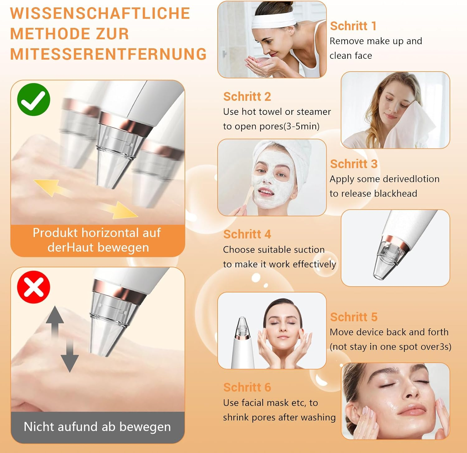 Schritt-für-Schritt-Anleitung zur Mitesserentfernung mit einem Hautpflegegerät.