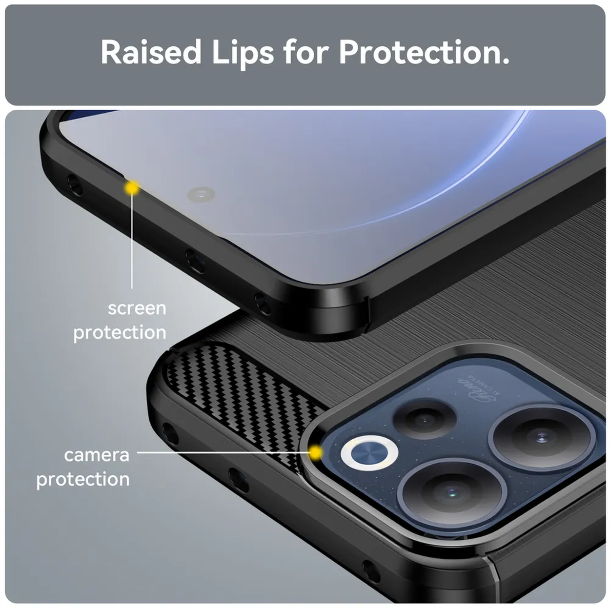 Coque de téléphone noire avec bords surélevés pour protéger écran et appareil photo.