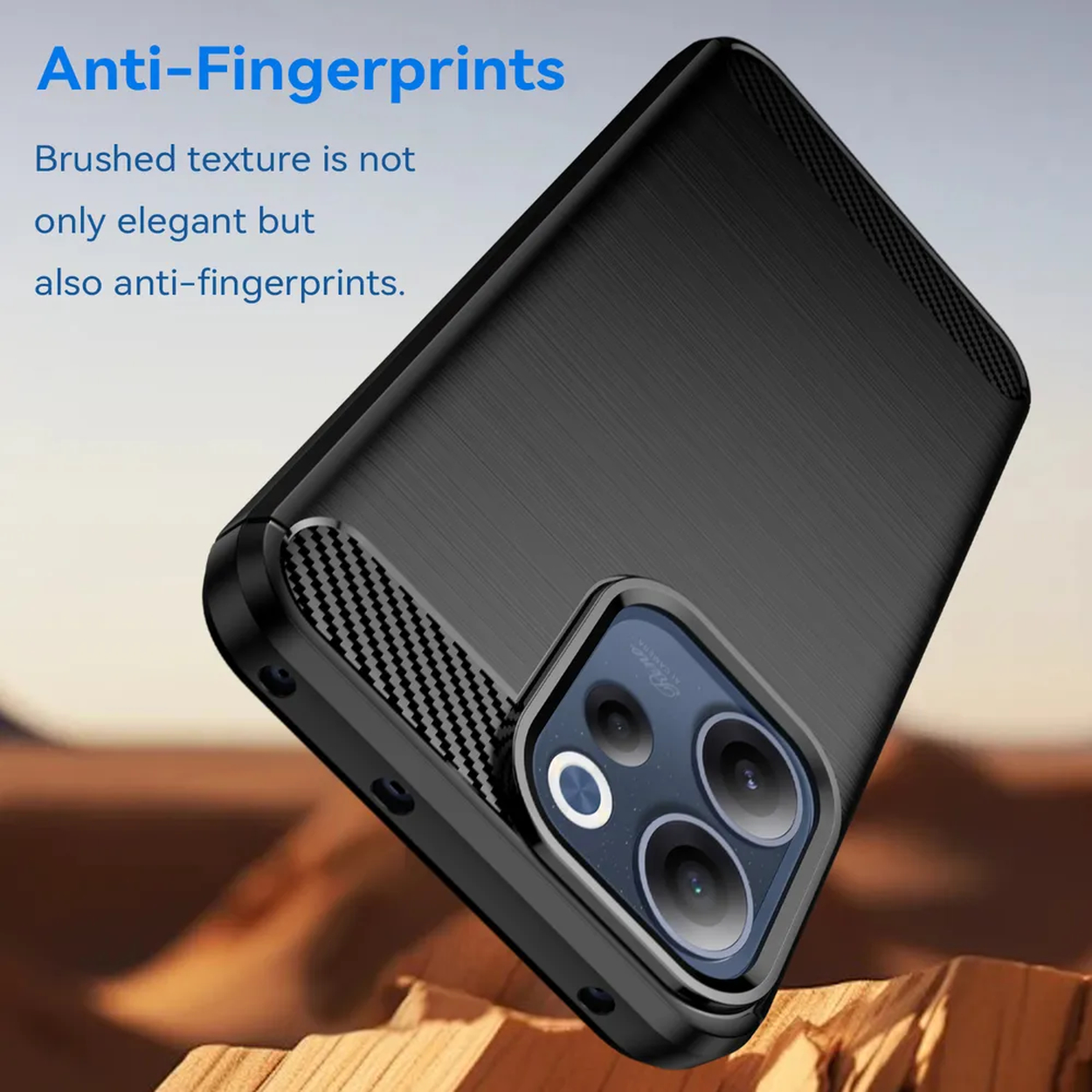 Coque de téléphone noire avec texture brossée et trois objectifs.